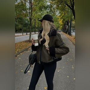 In The Style Perrie Sian Contrast Borg Aviator Jacket Leather Khaki Shearling